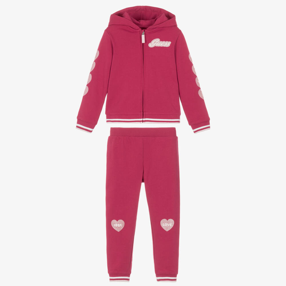 Guess-Girls Pink Cotton Tracksuit with Glittery Hearts | Childrensalon