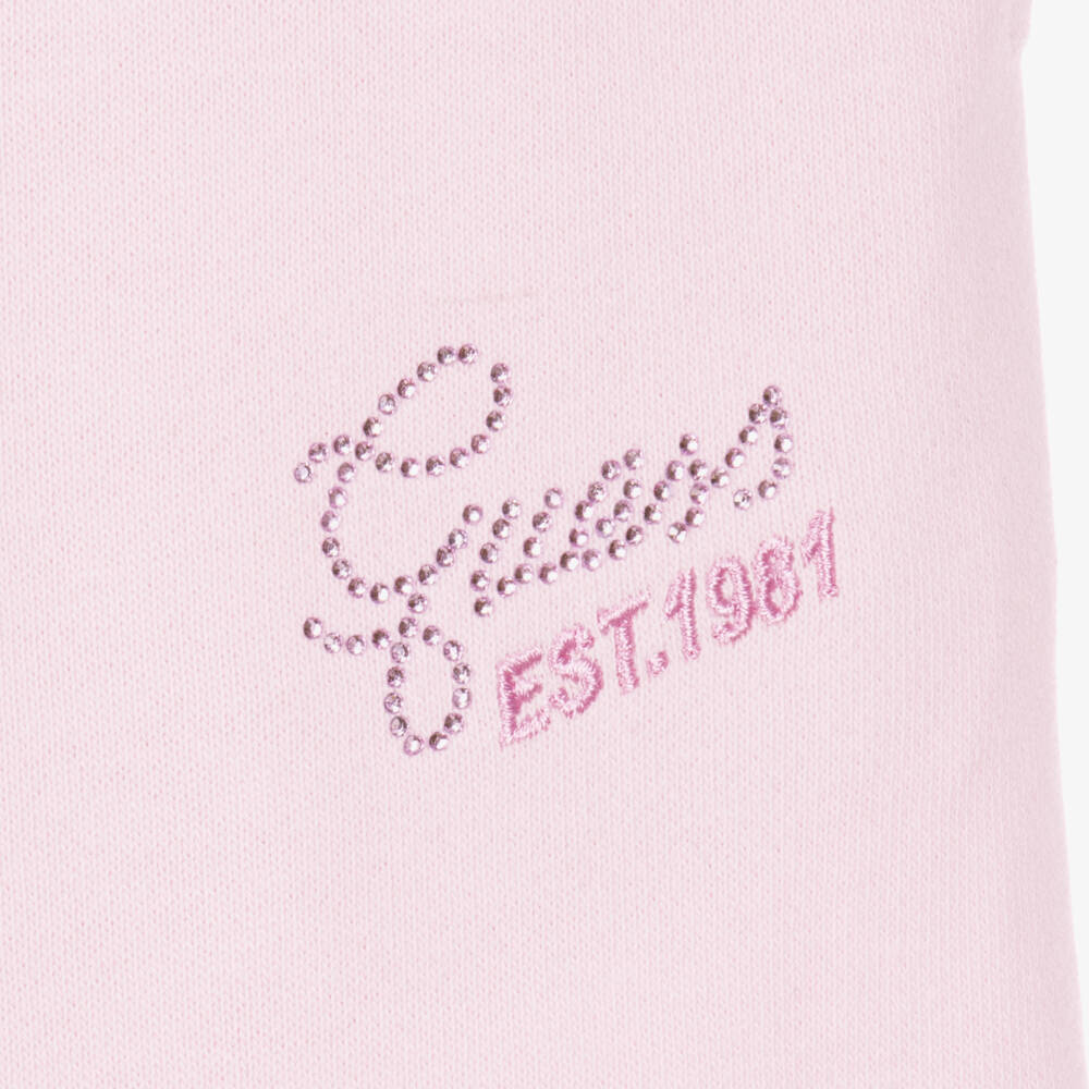 Guess-Girls Pink Cotton Wide Leg Joggers with Rhinestone Logo | Childrensalon