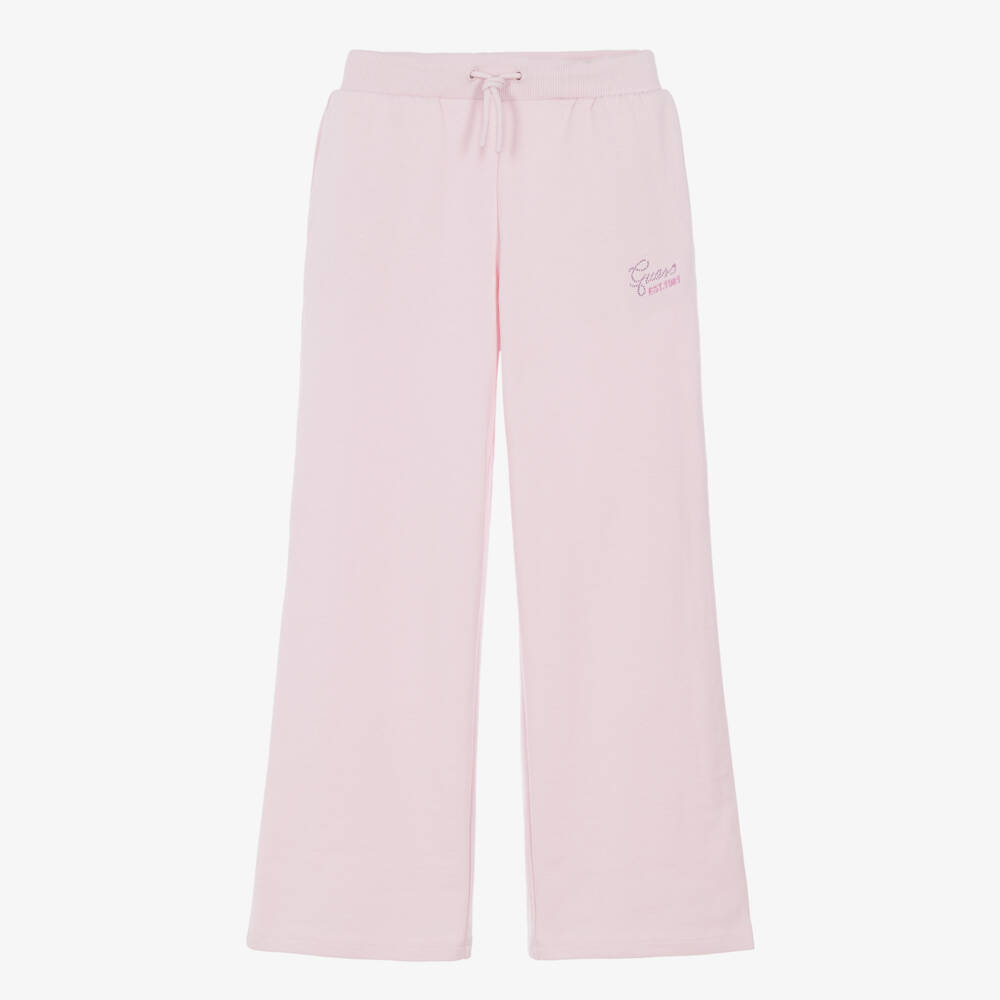 Guess-Girls Pink Cotton Wide Leg Joggers with Rhinestone Logo | Childrensalon