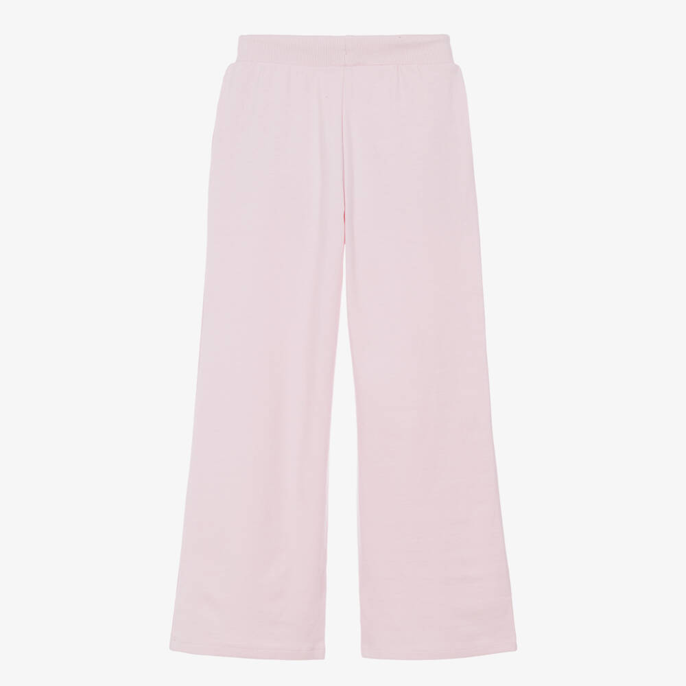 Guess-Girls Pink Cotton Wide Leg Joggers with Rhinestone Logo | Childrensalon