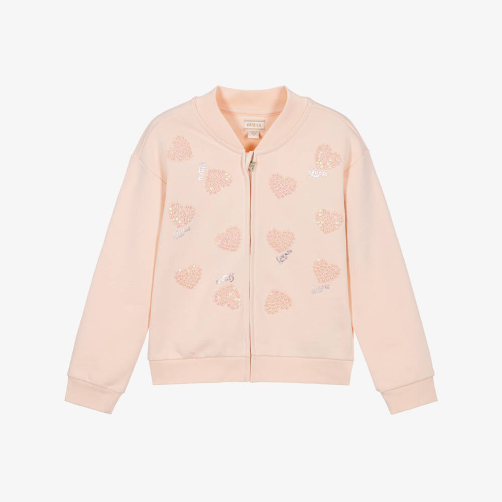 Guess-Girls Pink Cotton Zip-Up Top with Sequin Hearts | Childrensalon