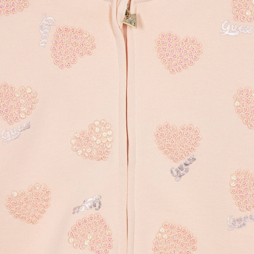 Guess-Girls Pink Cotton Zip-Up Top with Sequin Hearts | Childrensalon