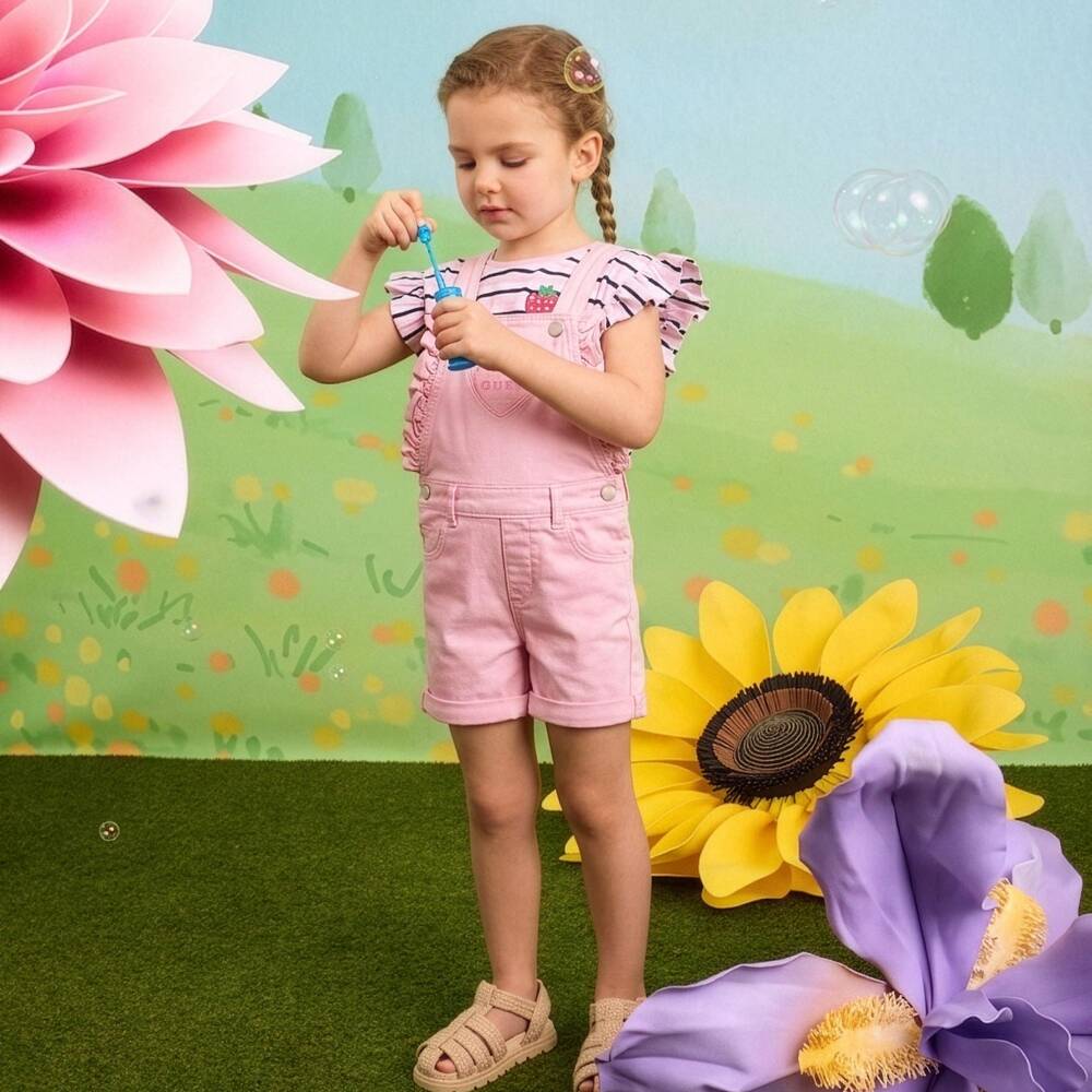Guess-Girls Pink Denim Dungarees with Heart Logo | Childrensalon
