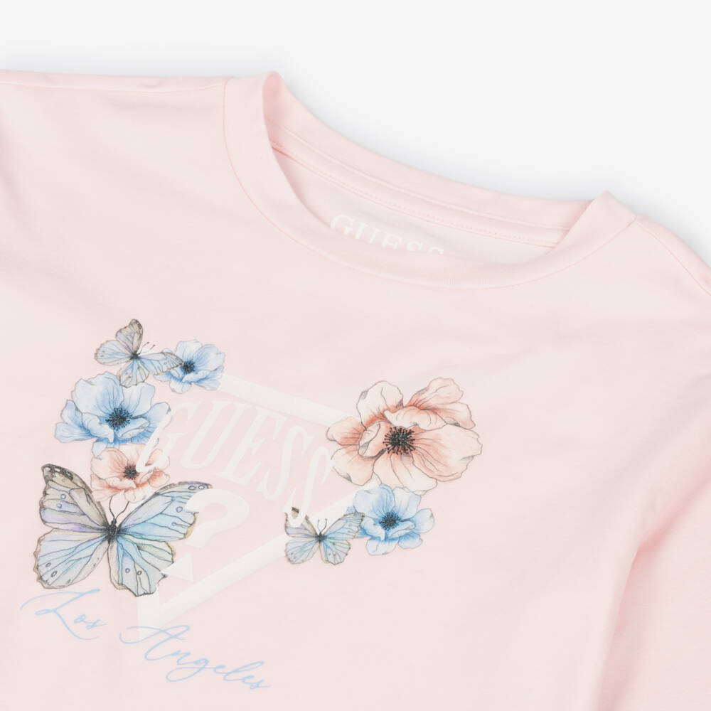 Guess-Girls Pink Floral Logo Cotton Jersey T-Shirt | Childrensalon
