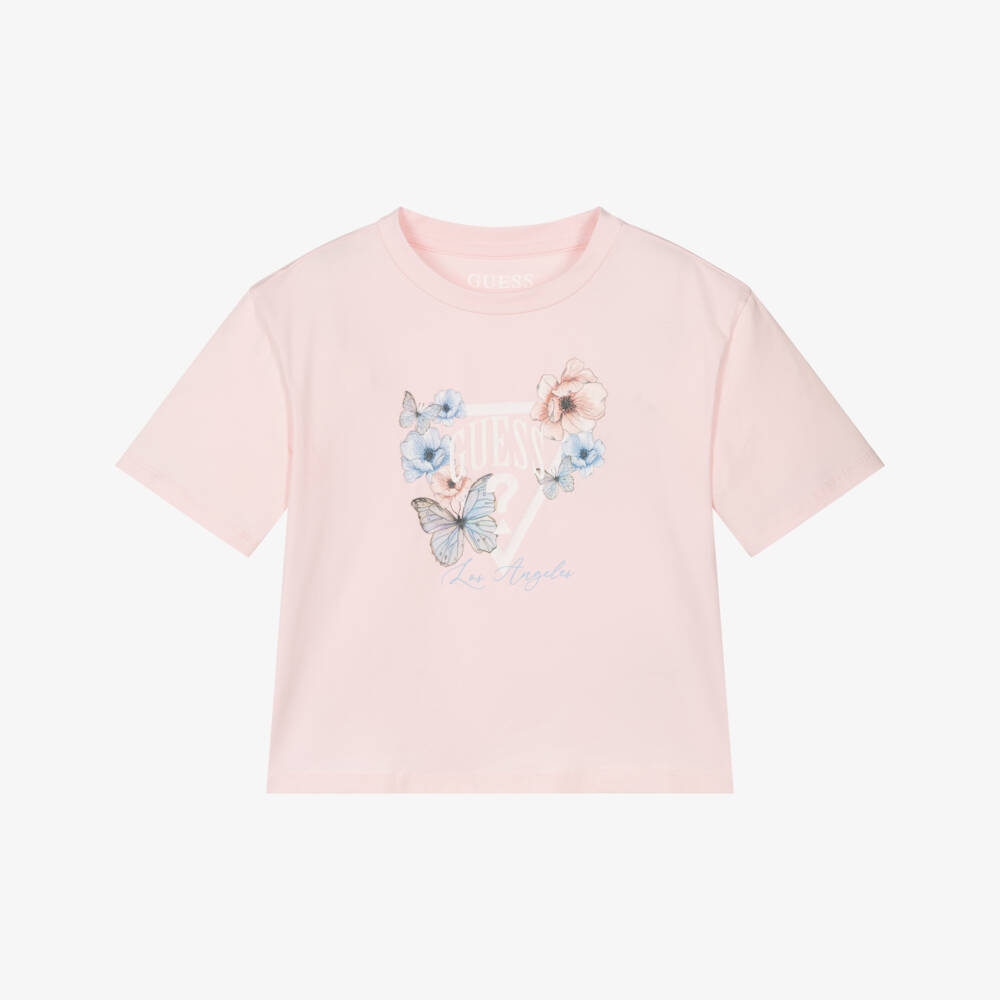 Guess-Girls Pink Floral Logo Cotton Jersey T-Shirt | Childrensalon