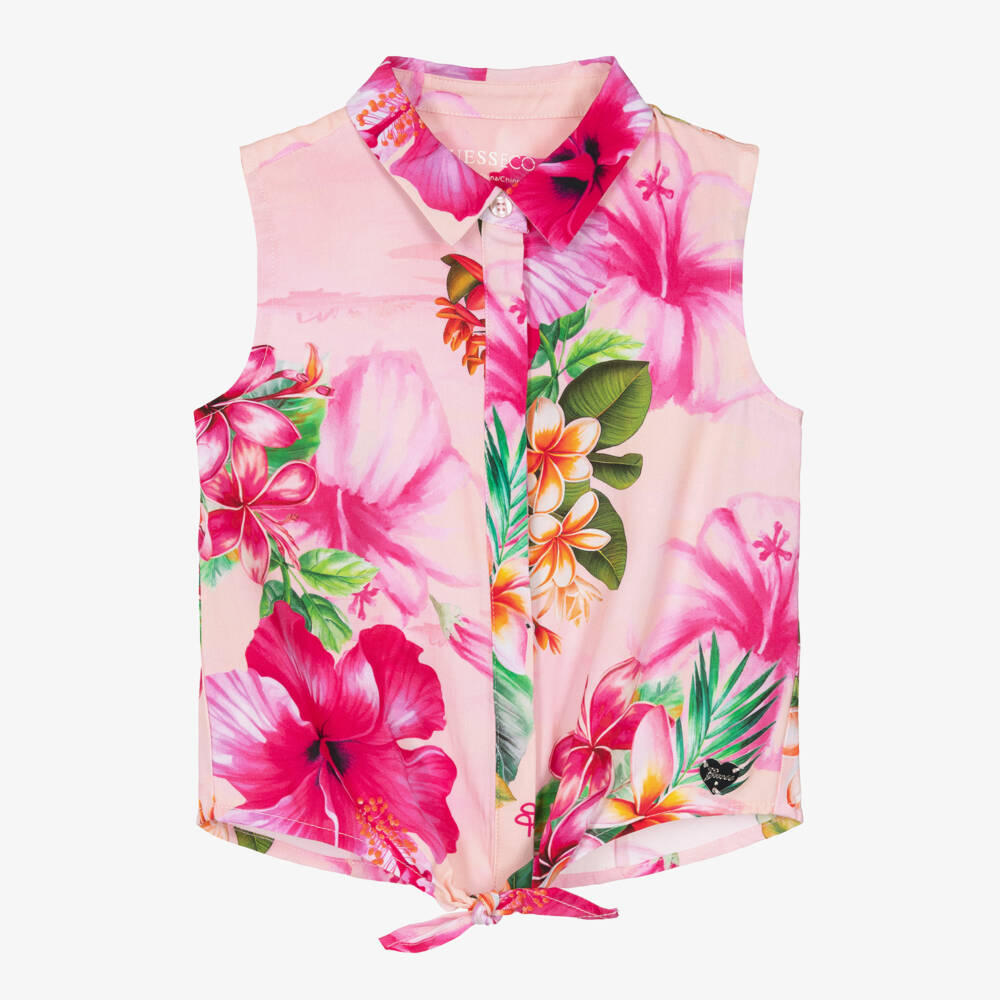 Guess-Girls Pink Hibiscus Print Blouse with Heart Logo Charm | Childrensalon
