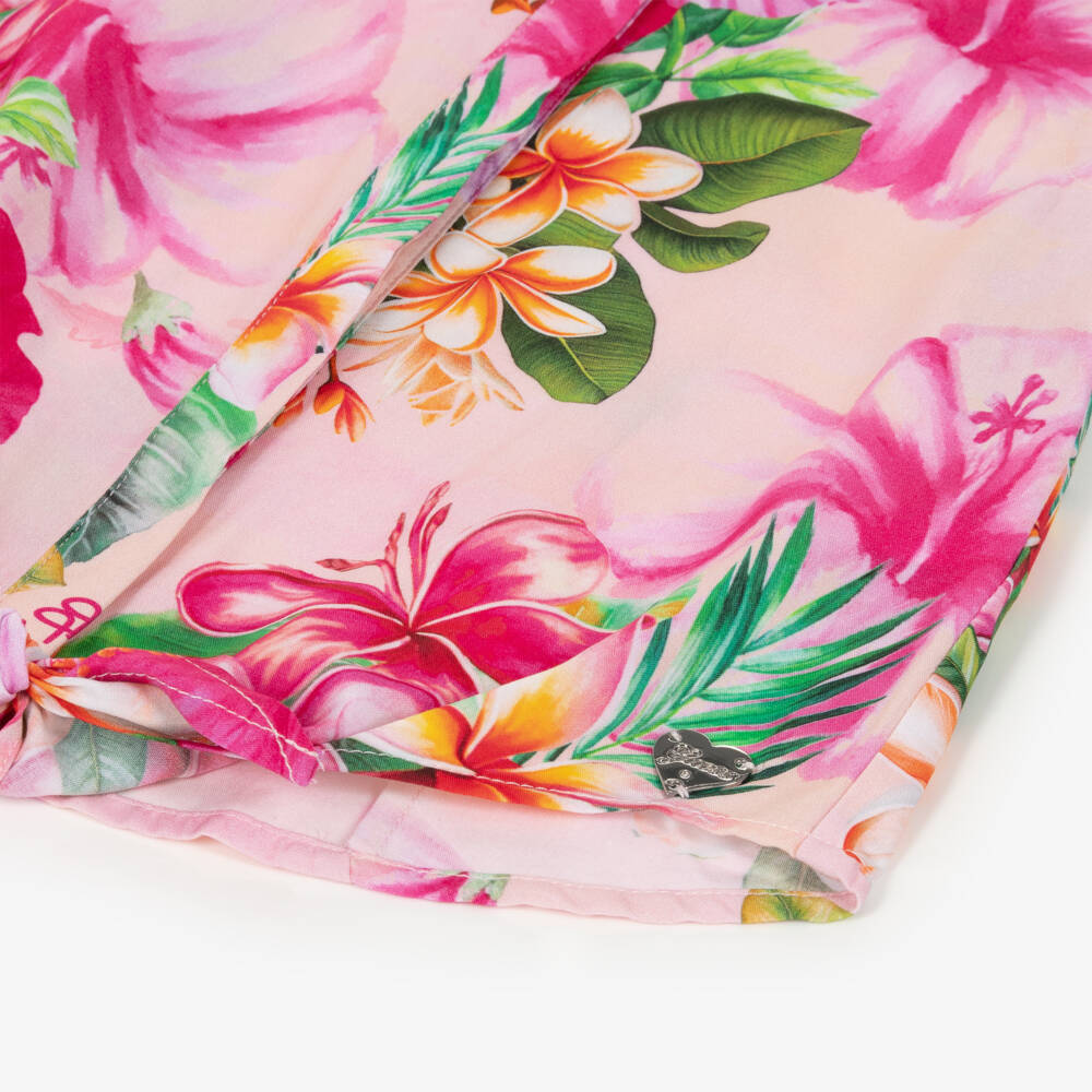 Guess-Girls Pink Hibiscus Print Blouse with Heart Logo Charm | Childrensalon
