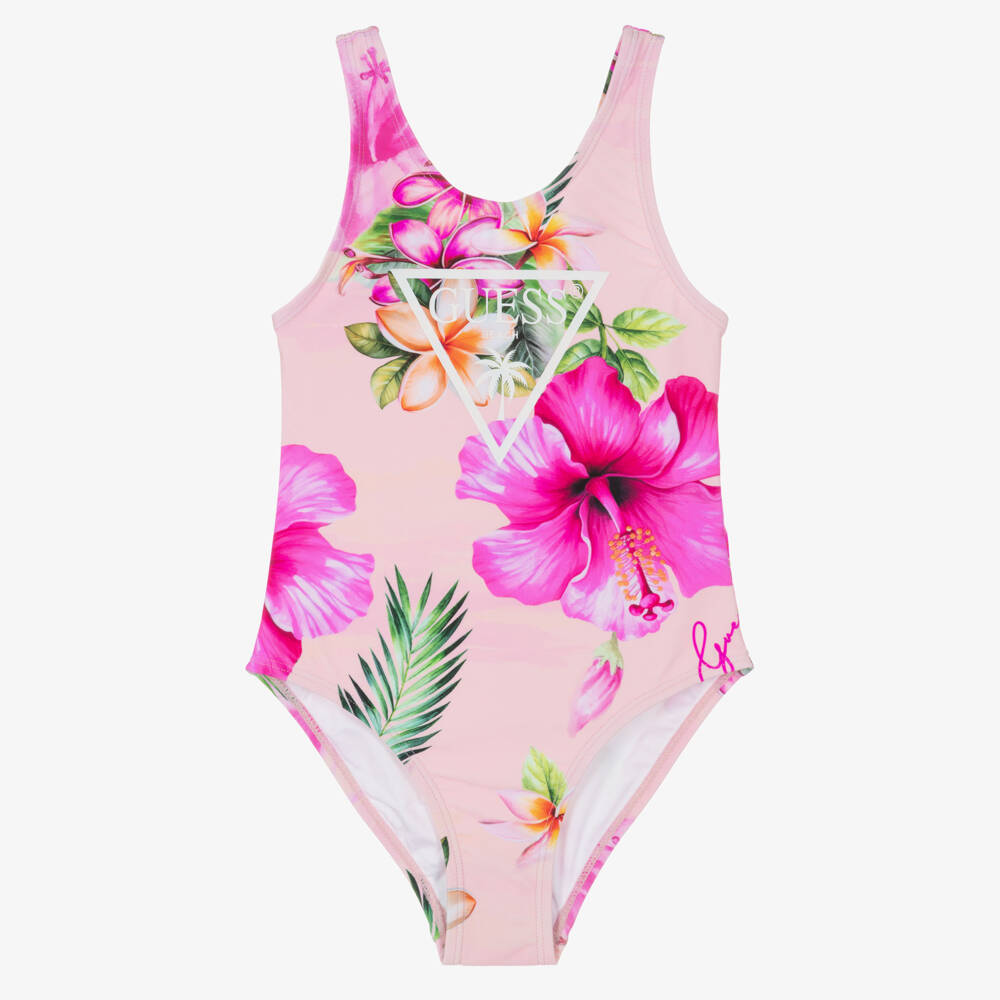 Guess-مايوه بطبعة زهور الكركديه لون زهري للبنات | Childrensalon