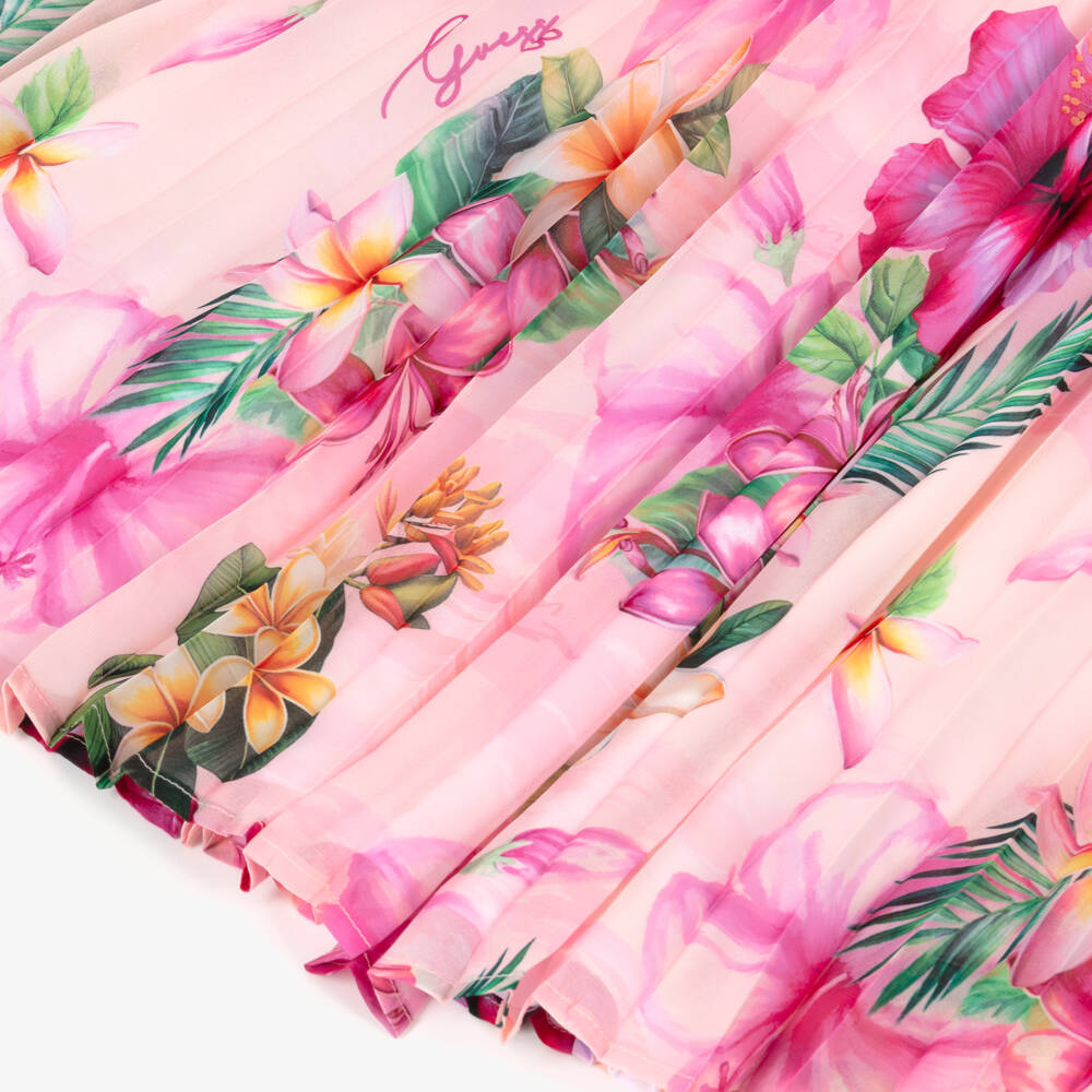 Guess-Платье макси розовое из шифона плиссе с принтом гибискуса для девочек | Childrensalon