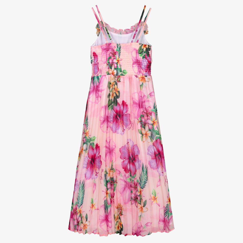 Guess-Платье макси розовое из шифона плиссе с принтом гибискуса для девочек | Childrensalon