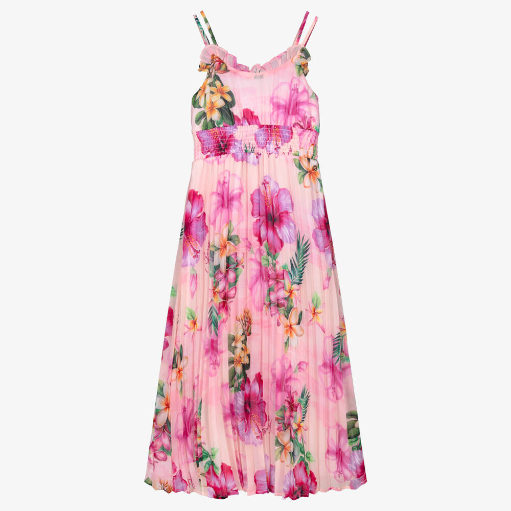 Guess-Платье макси розовое из шифона плиссе с принтом гибискуса для девочек  | Childrensalon