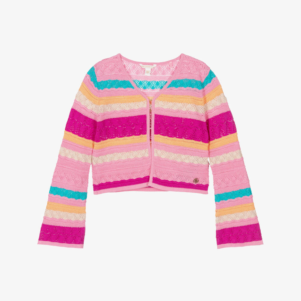 Guess-Girls Pink Striped Cotton Knit Cardigan | Childrensalon