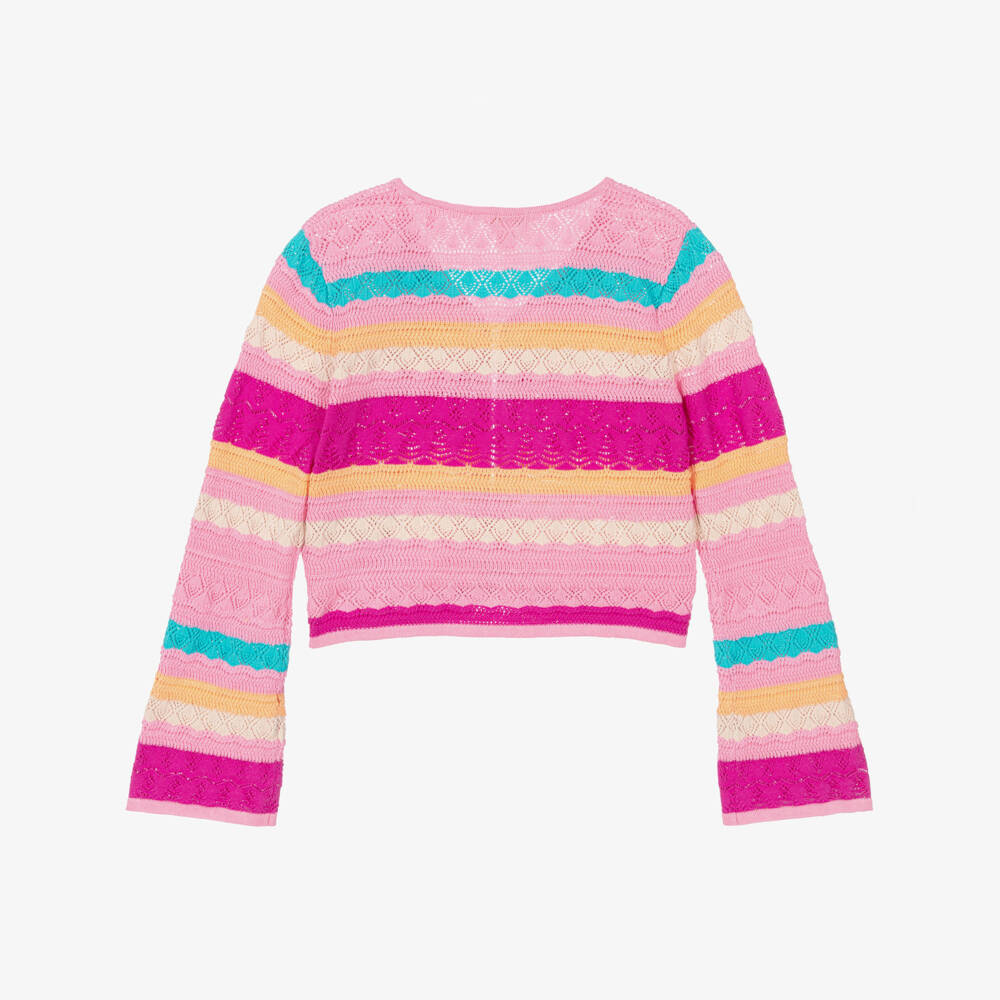 Guess-Girls Pink Striped Cotton Knit Cardigan | Childrensalon