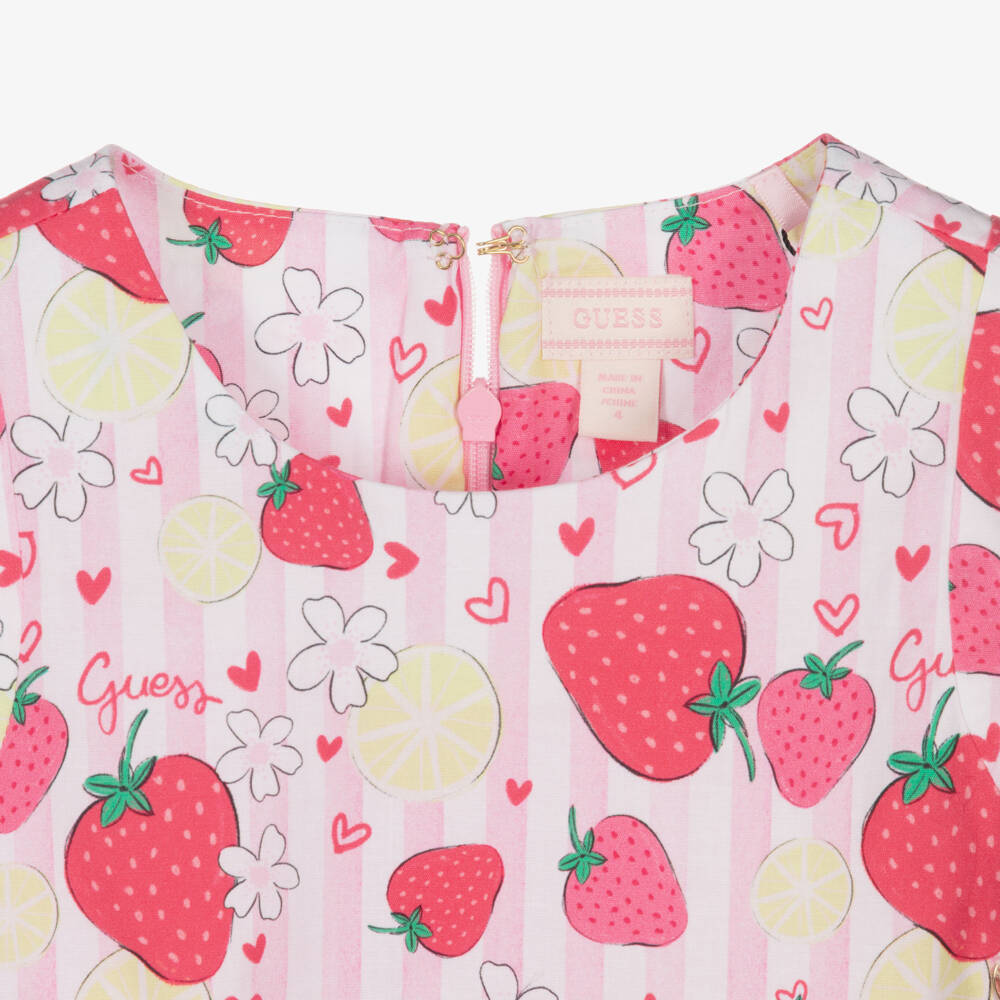 Guess-Girls Pink Striped Cotton Strawberry Print Dress | Childrensalon