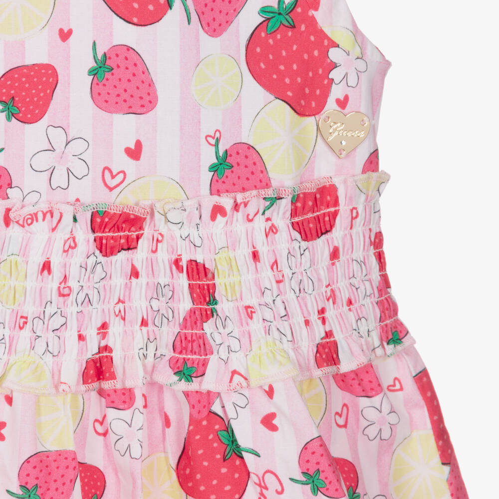 Guess-Girls Pink Striped Cotton Strawberry Print Dress | Childrensalon