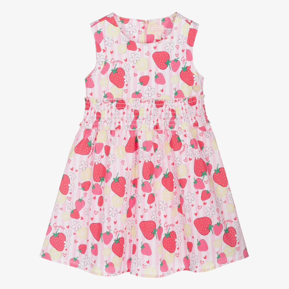 Guess-Girls Pink Striped Cotton Strawberry Print Dress | Childrensalon