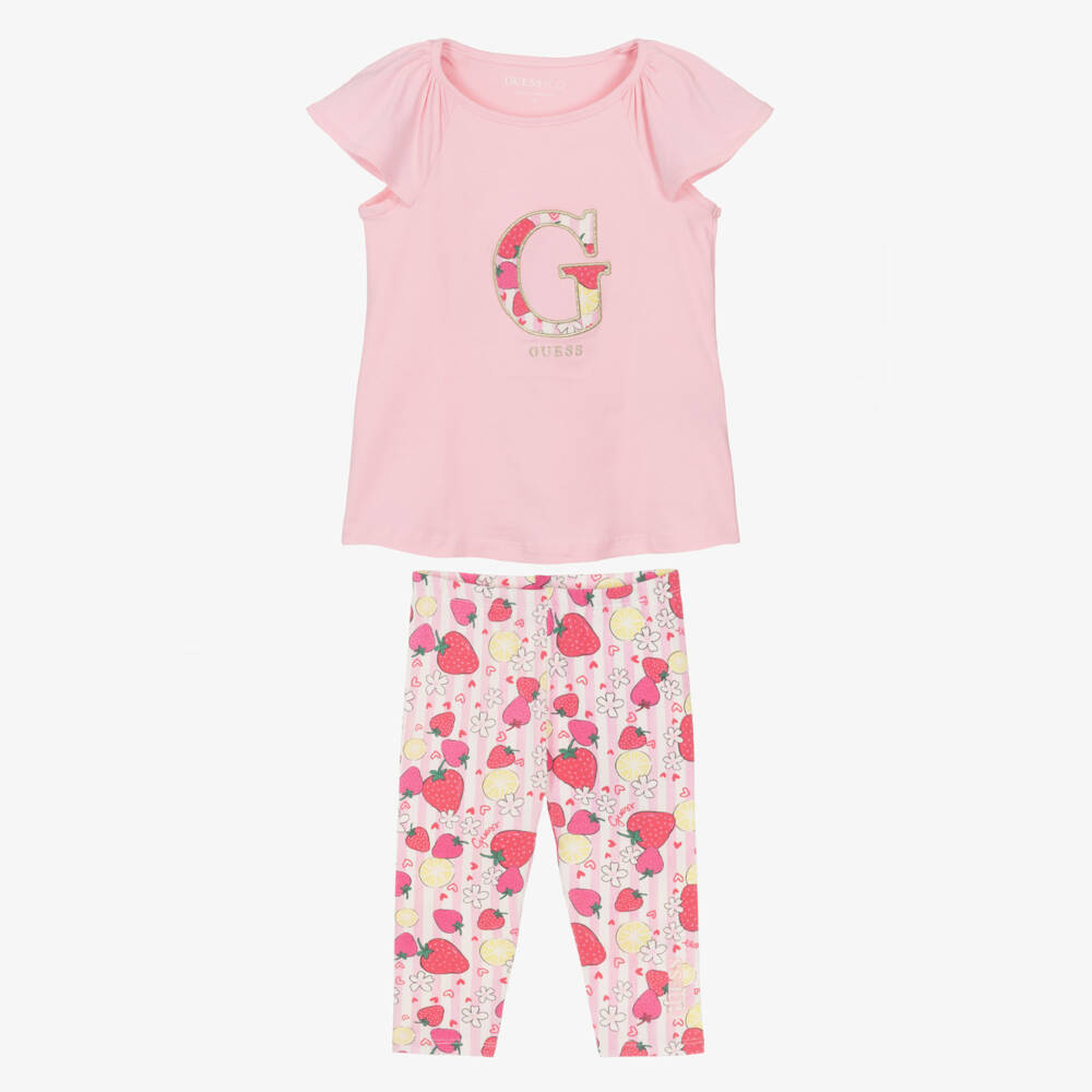 Guess-Girls Pink Striped Cotton Strawberry Print Leggings Set | Childrensalon