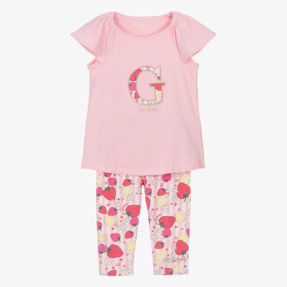 Guess-Girls Pink Striped Cotton Strawberry Print Leggings Set | Childrensalon