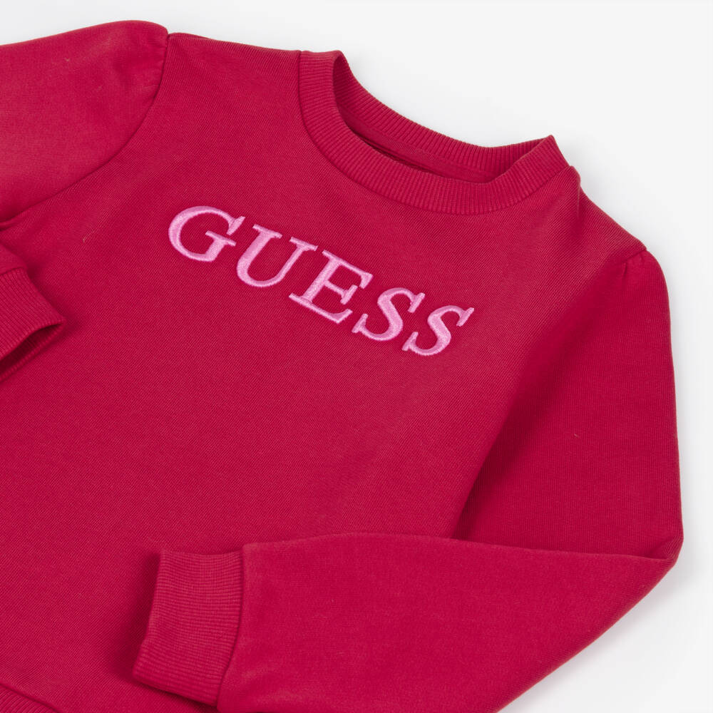 Guess-Girls Red Cotton Sweatshirt with Pink Embroidered Logo | Childrensalon
