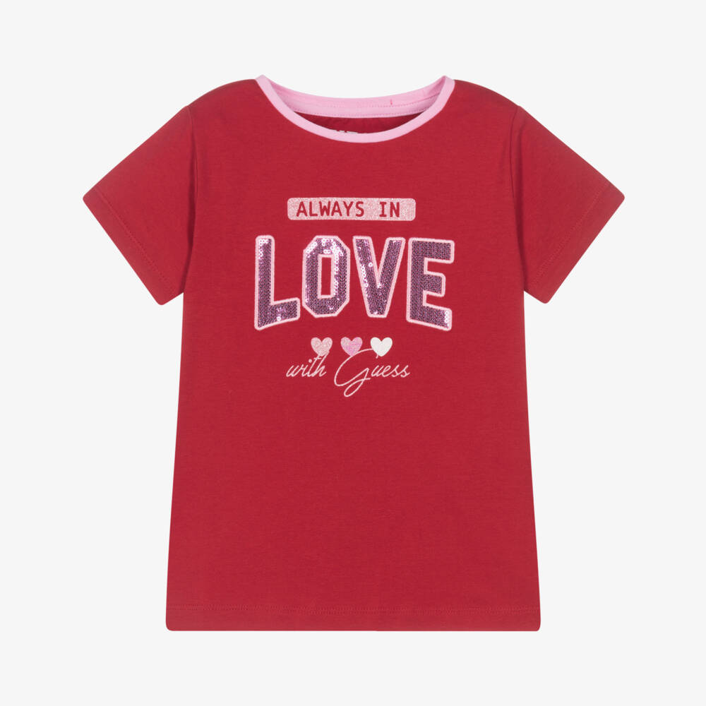 Guess-Girls Red Cotton T-Shirt with Sequinned Love Motif | Childrensalon