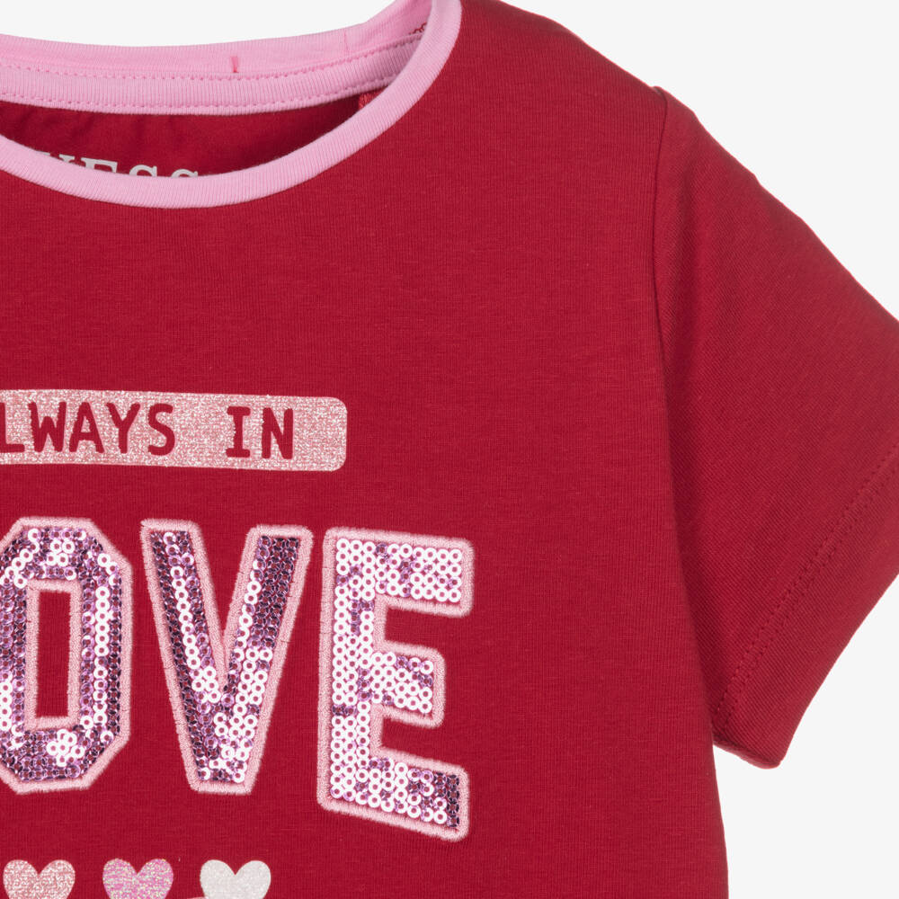 Guess-Girls Red Cotton T-Shirt with Sequinned Love Motif | Childrensalon