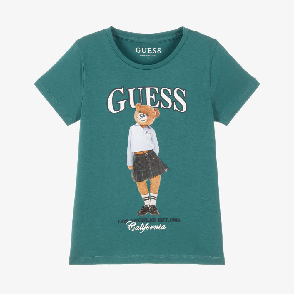 Guess-Girls Teal Green Cotton T-Shirt with Varsity Bear Print | Childrensalon