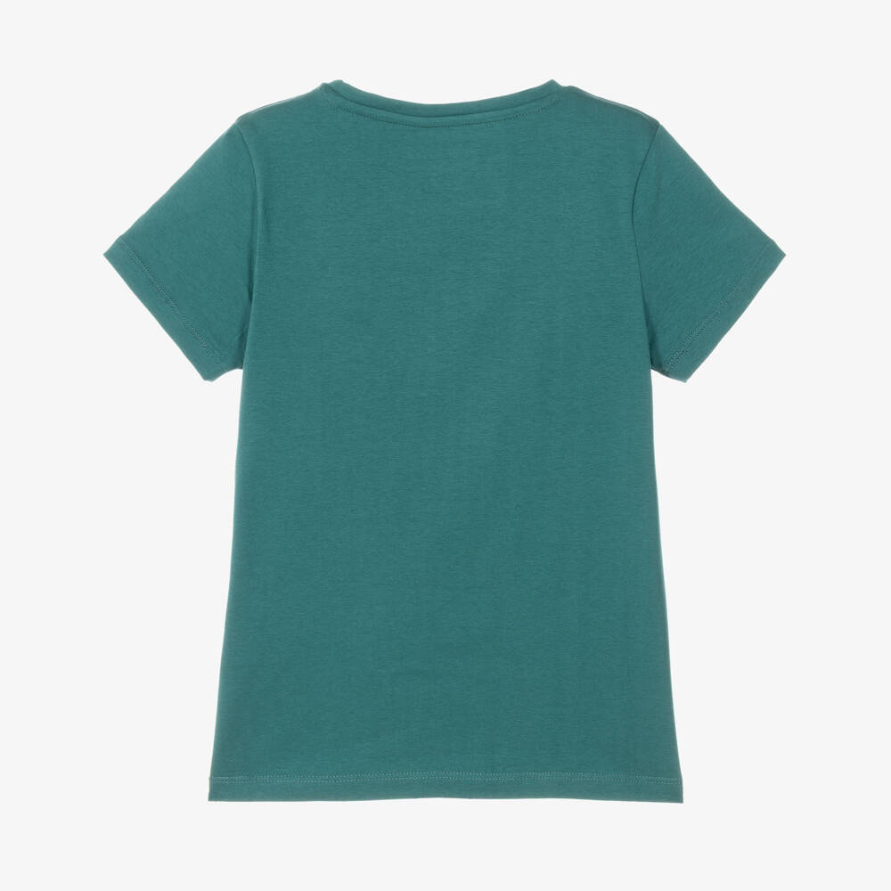 Guess-Girls Teal Green Cotton T-Shirt with Varsity Bear Print | Childrensalon
