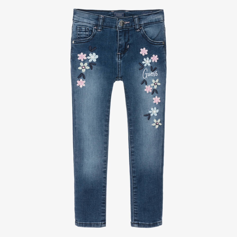 Guess-Girls Washed Blue Denim Jeans with Floral Embroidery | Childrensalon