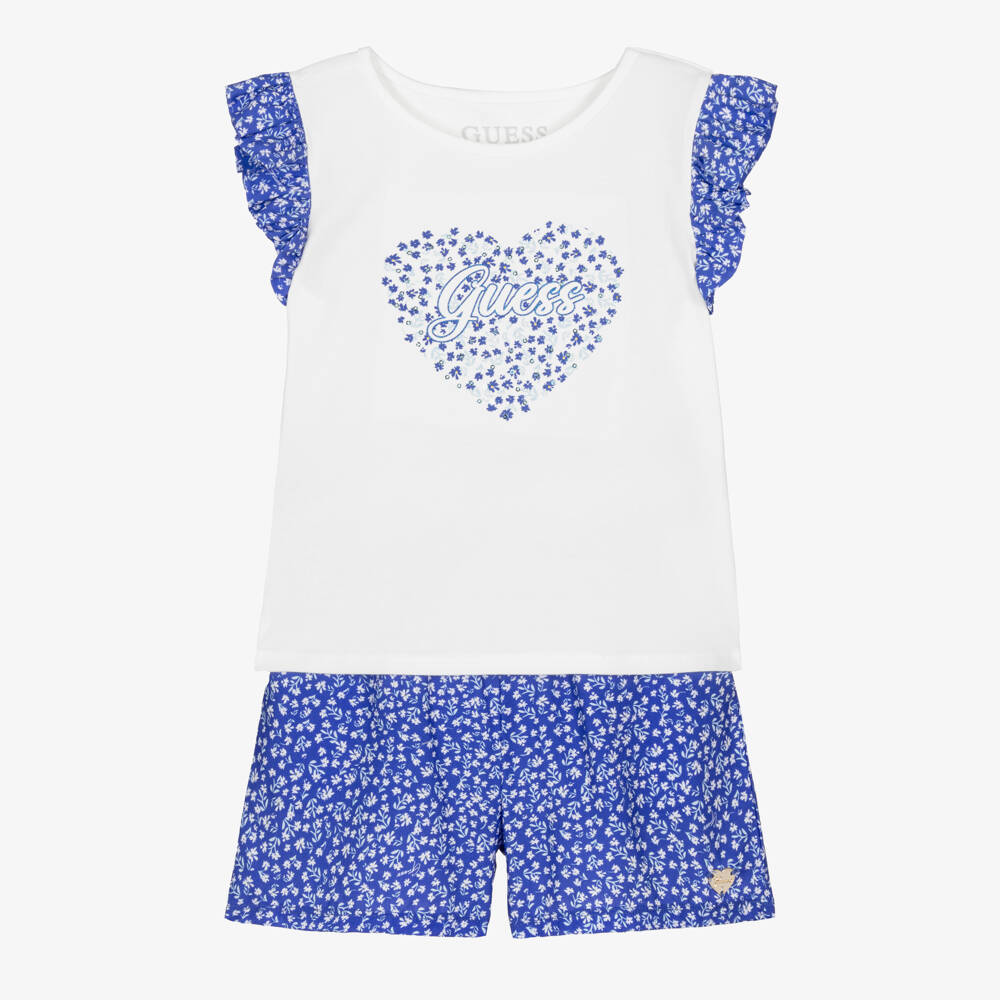 Guess-Girls White & Blue Floral Print Shorts Set | Childrensalon