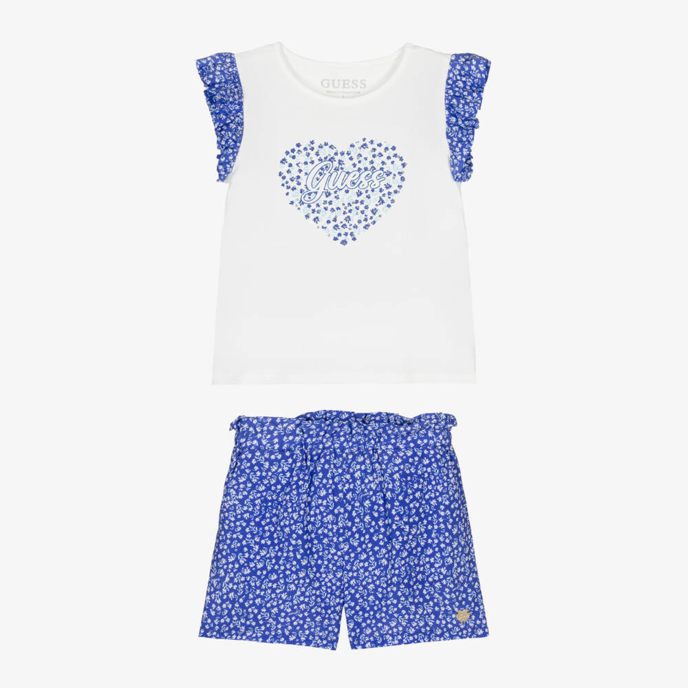 Guess-Girls White & Blue Floral Print Shorts Set | Childrensalon