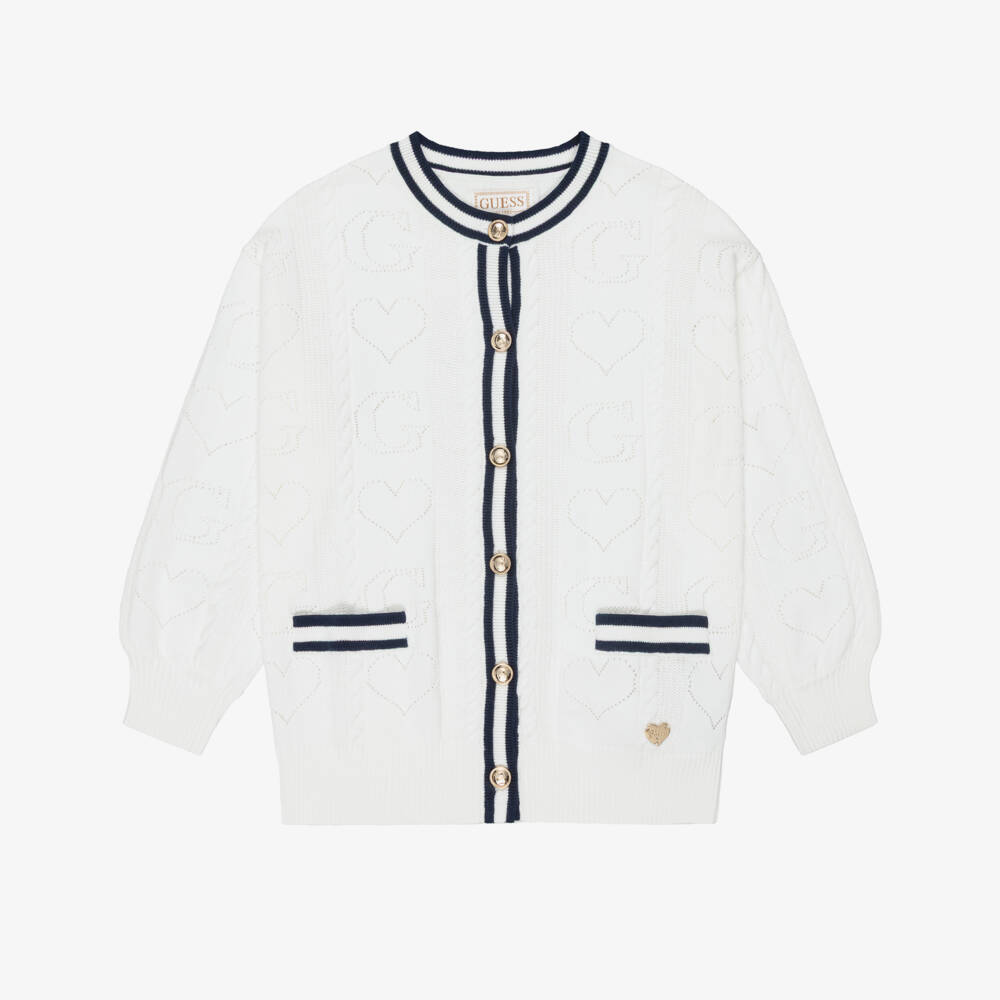 Guess-Girls White Cable Knit Cardigan | Childrensalon