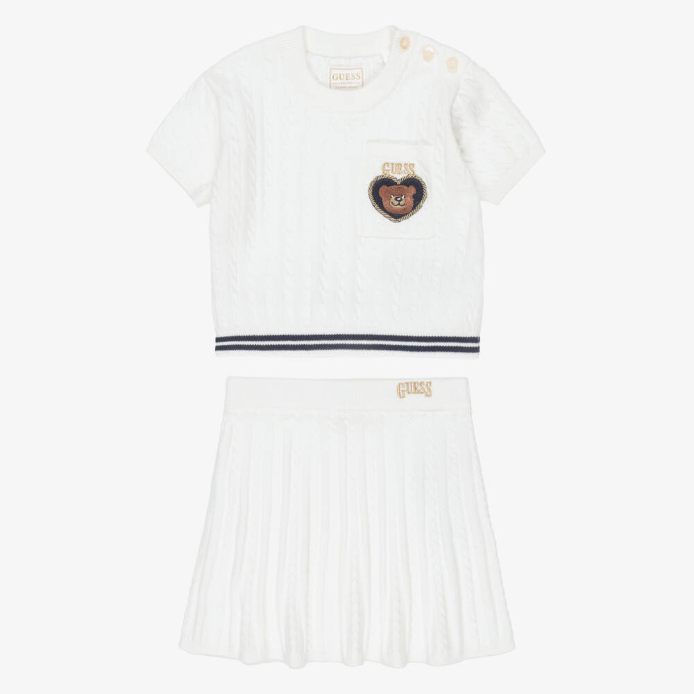 Guess-Girls White Cable Knit Skirt Set with Teddy Bear Motif | Childrensalon