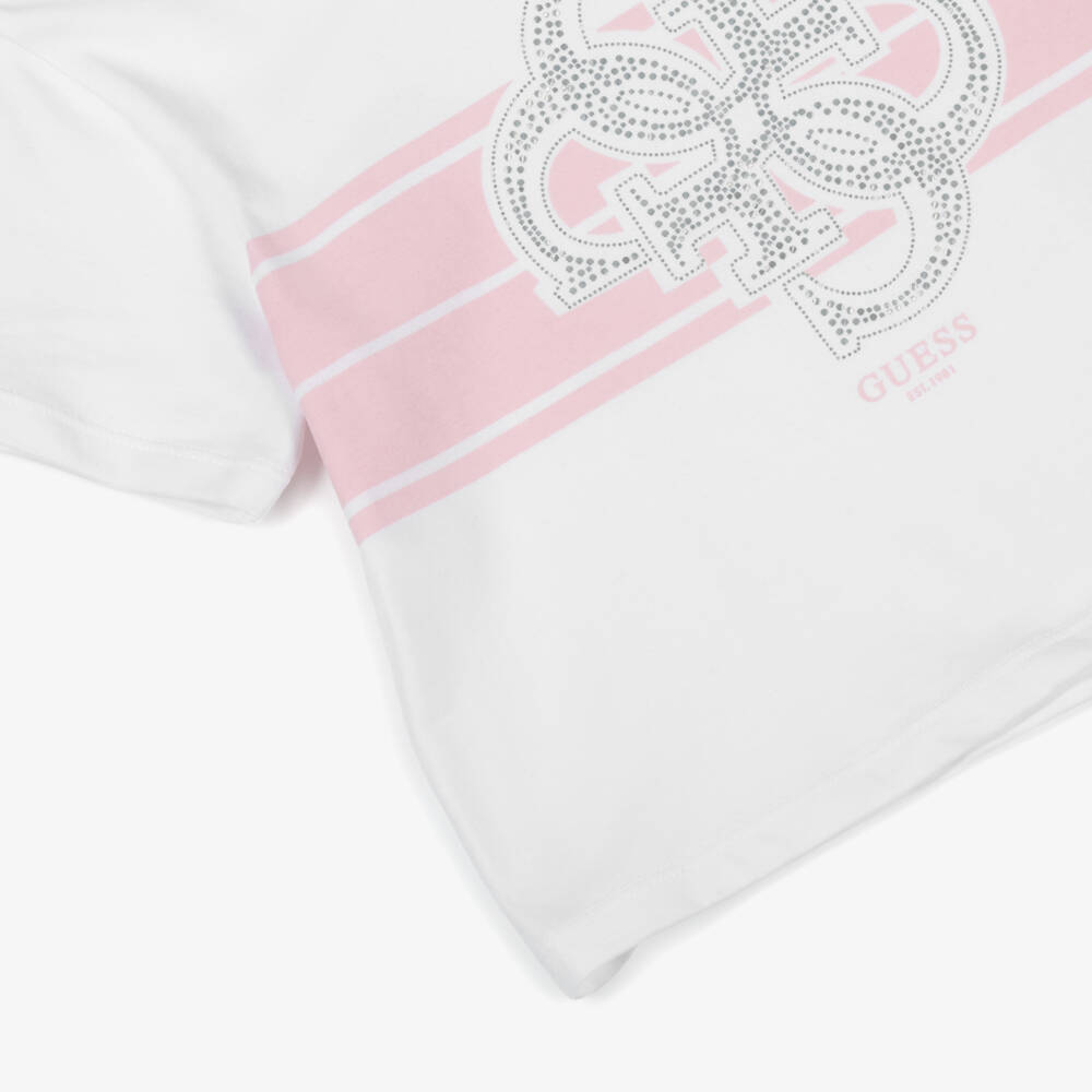 Guess-Girls White Cotton Diamanté Logo T-Shirt | Childrensalon