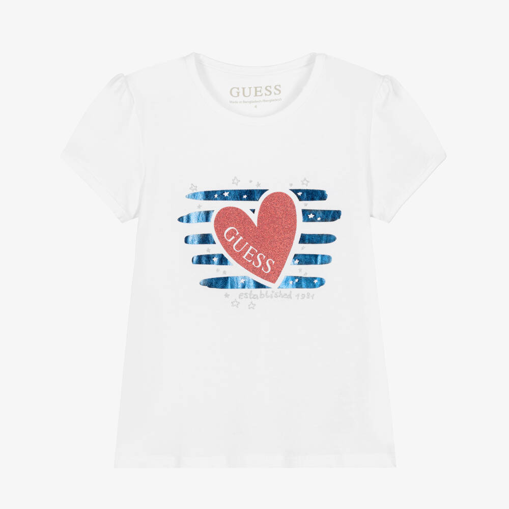 Guess-Girls White Cotton Heart Logo T-Shirt | Childrensalon
