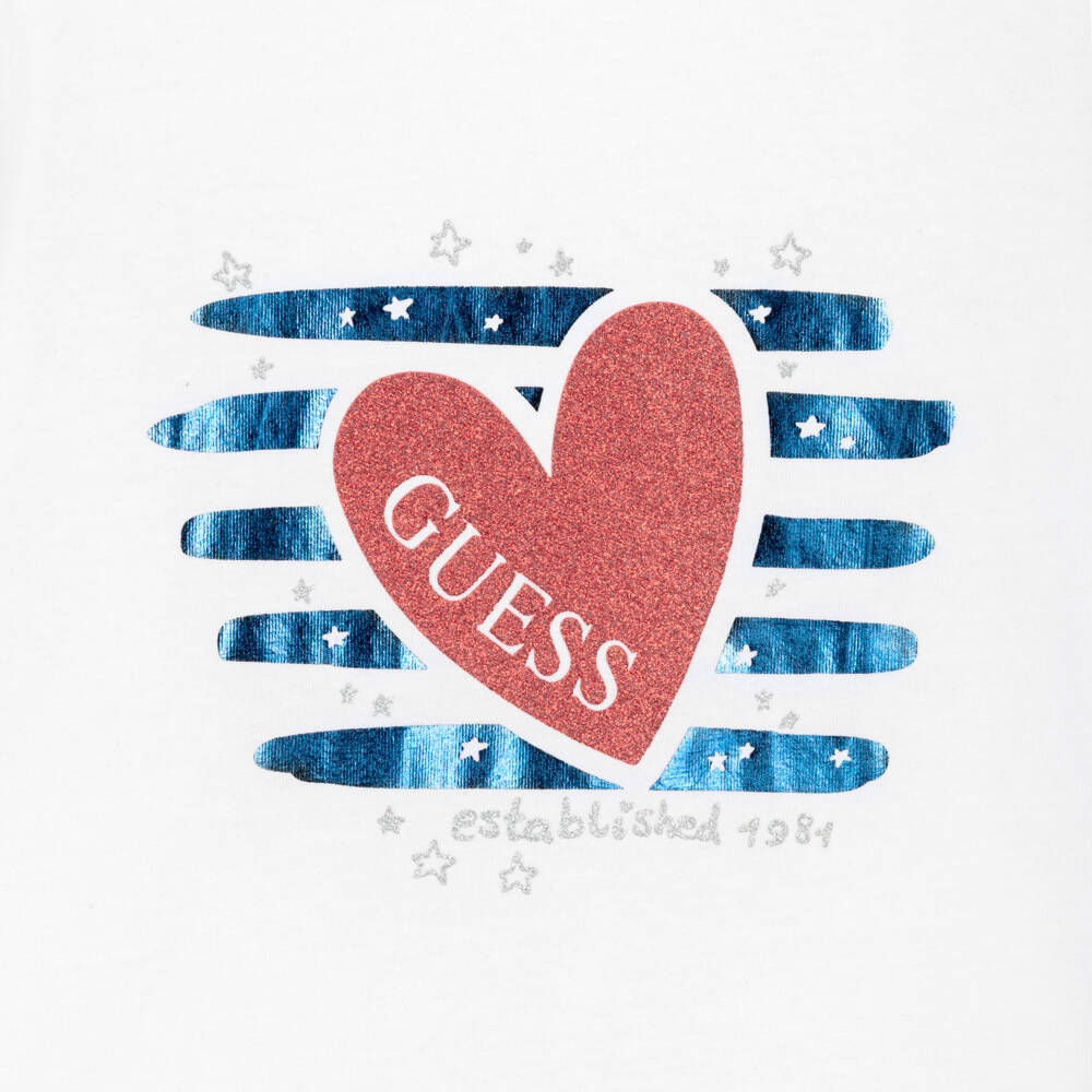 Guess-Girls White Cotton Heart Logo T-Shirt | Childrensalon
