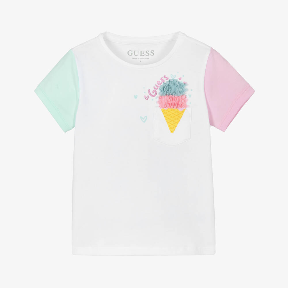 Guess-Girls White Cotton Ice Cream Motif T-Shirt | Childrensalon