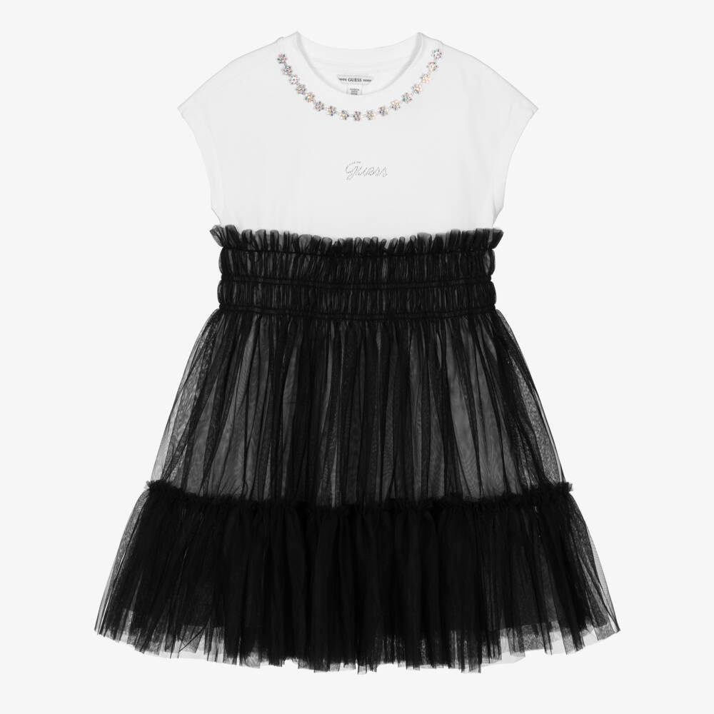 Guess-Girls White Cotton Jersey & Black Tulle Dress | Childrensalon