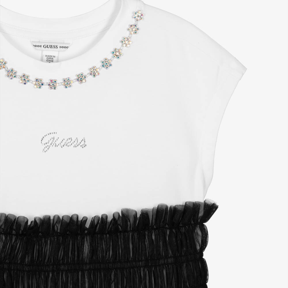 Guess-Girls White Cotton Jersey & Black Tulle Dress | Childrensalon