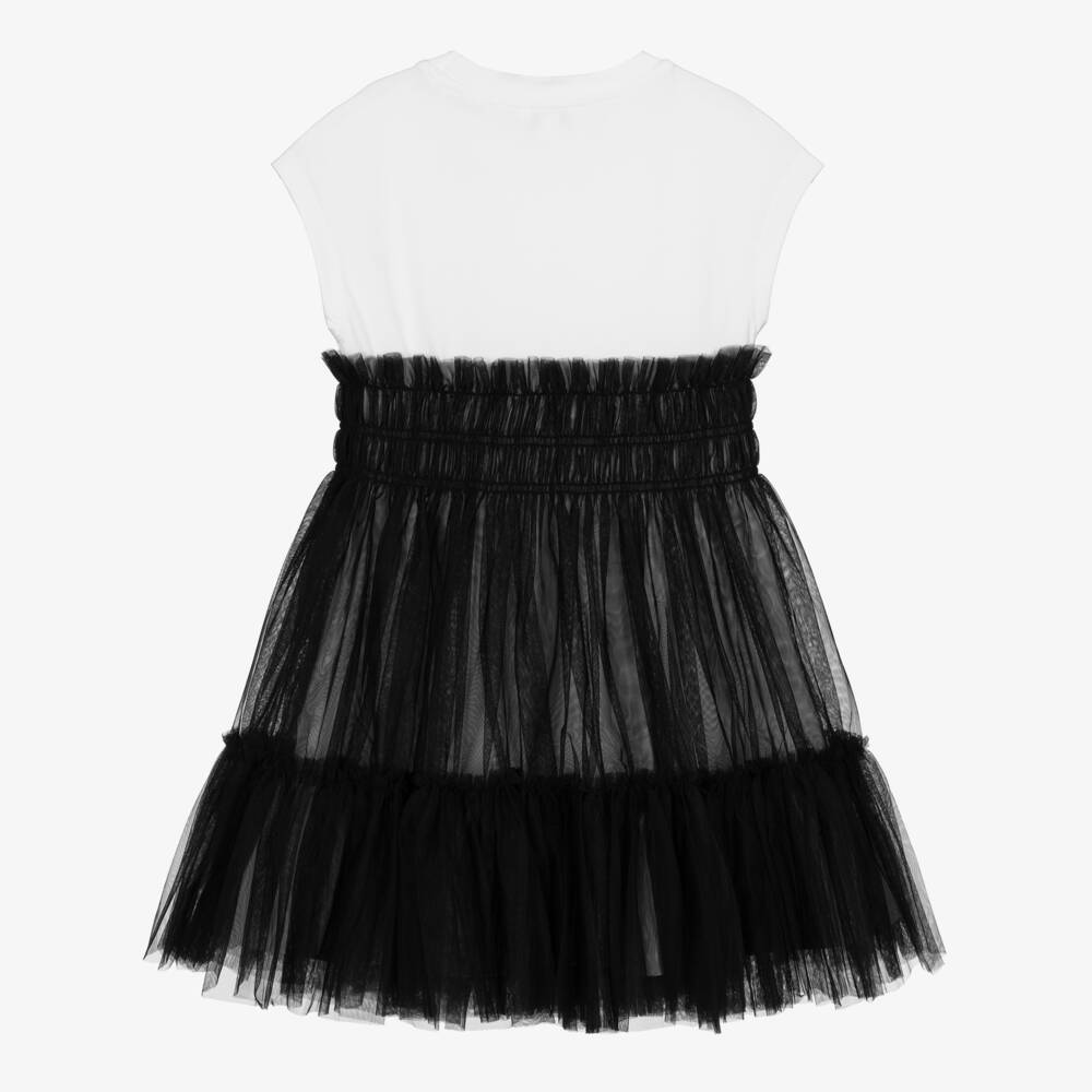 Guess-Girls White Cotton Jersey & Black Tulle Dress | Childrensalon