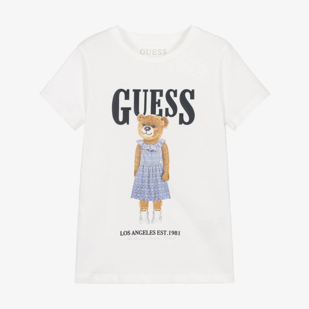 Guess-Girls White Cotton Jersey Logo Top with Teddy Bear | Childrensalon