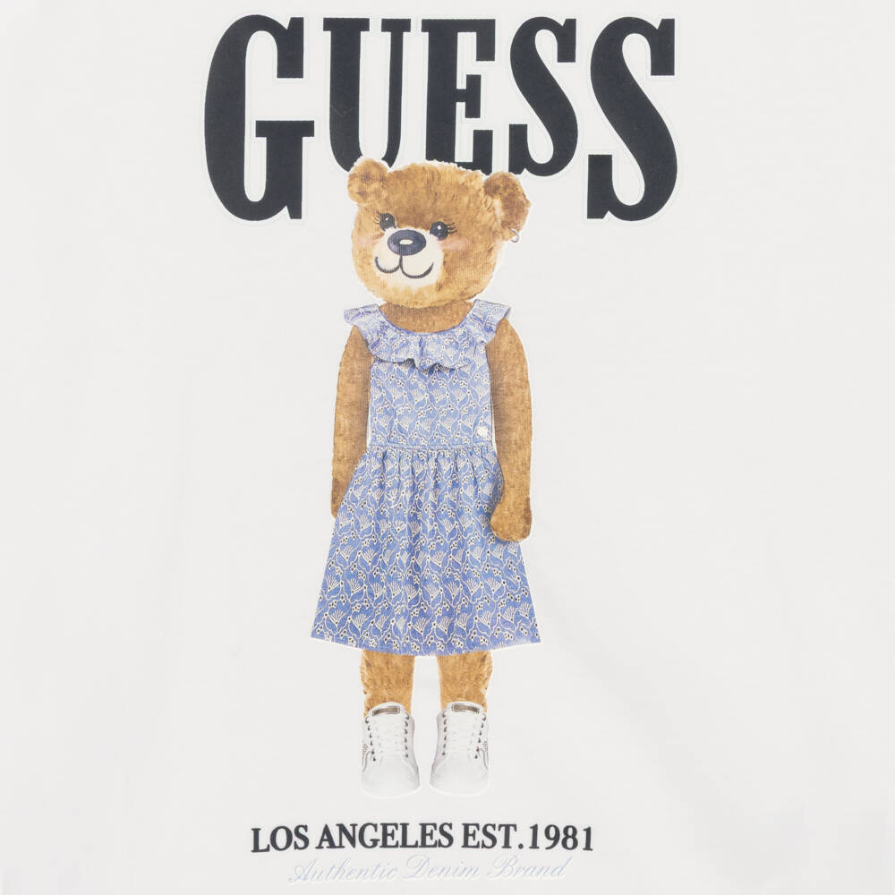 Guess-Girls White Cotton Jersey Logo Top with Teddy Bear | Childrensalon