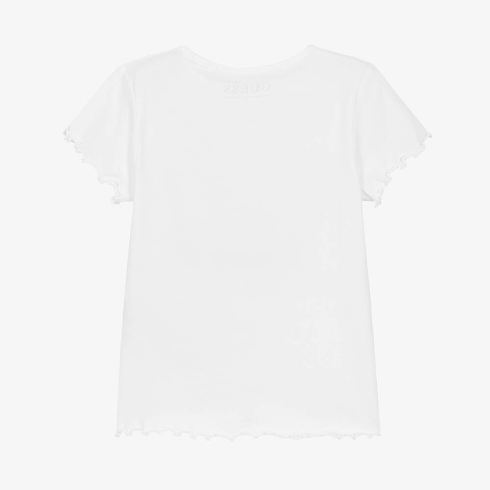 Guess-Girls White Cotton Jersey T-Shirt with Glittery Bow & Logo | Childrensalon