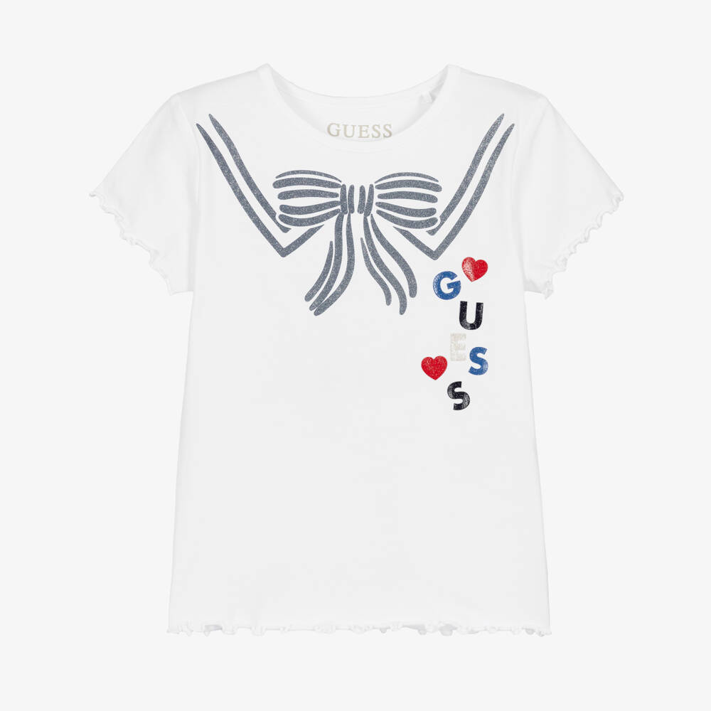 Guess-Girls White Cotton Jersey T-Shirt with Glittery Bow & Logo | Childrensalon