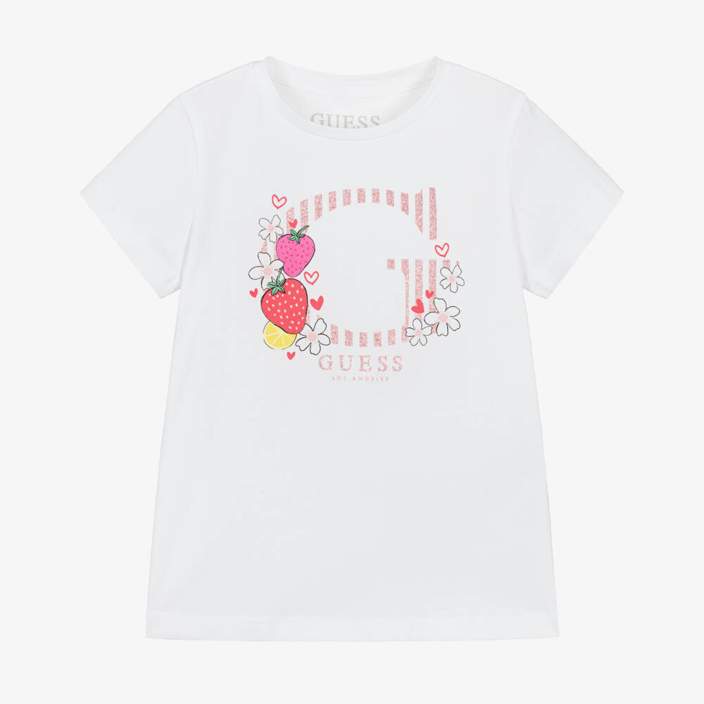 Guess-Girls White Cotton Jersey T-Shirt with Pink Glitter Logo | Childrensalon