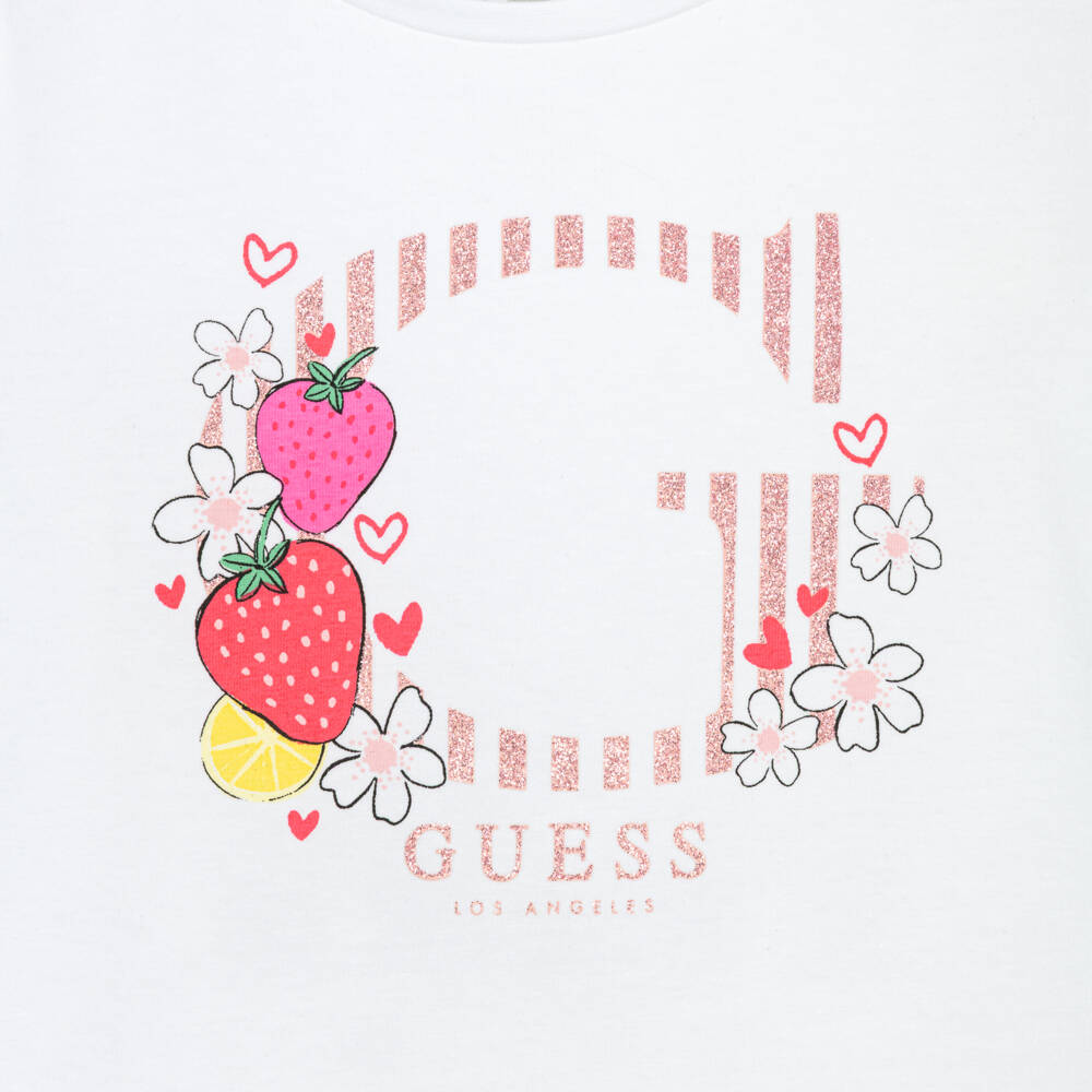 Guess-Girls White Cotton Jersey T-Shirt with Pink Glitter Logo | Childrensalon