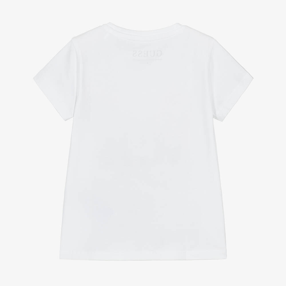 Guess-Girls White Cotton Jersey T-Shirt with Pink Glitter Logo | Childrensalon