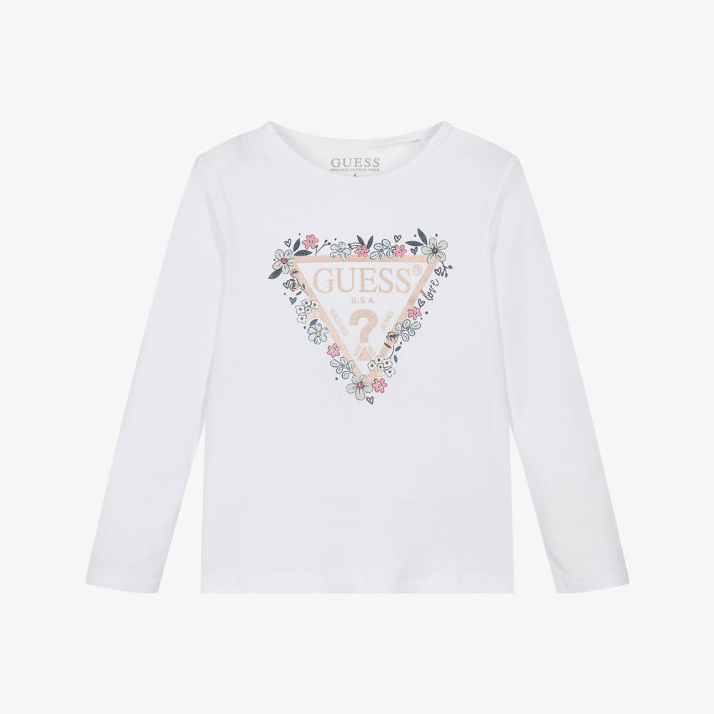 Guess-Girls White Cotton Long-Sleeved Top with Floral Triangle Logo | Childrensalon