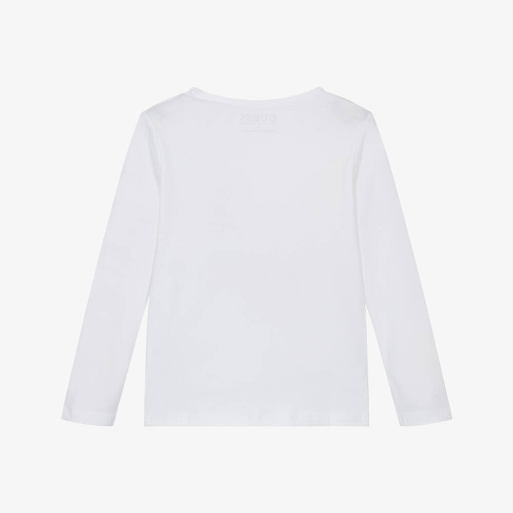 Guess-Girls White Cotton Long-Sleeved Top with Floral Triangle Logo | Childrensalon