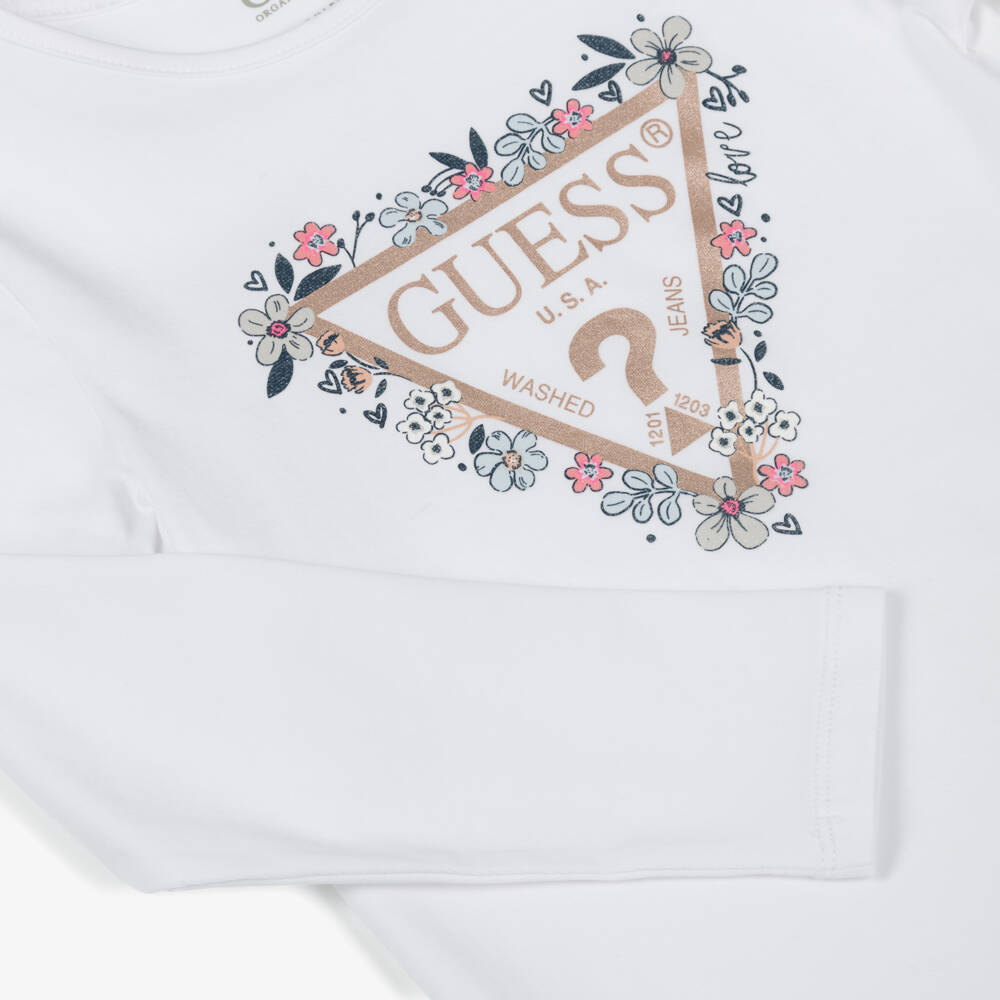 Guess-Girls White Cotton Long-Sleeved Top with Floral Triangle Logo | Childrensalon