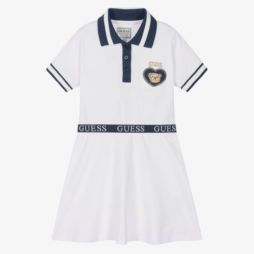 Guess-Girls White Cotton Piqué Polo Dress with Teddy Patch | Childrensalon